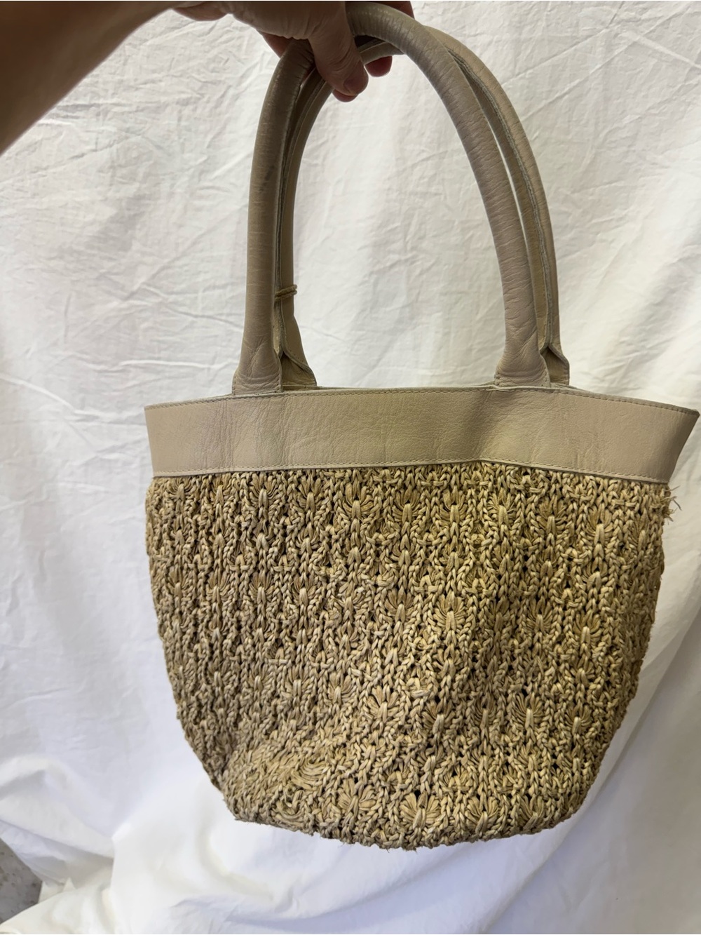 Neutral Woven Tote Bag with Leather Trim
